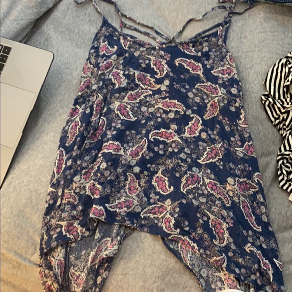 Navy blue tank top with pink pattern